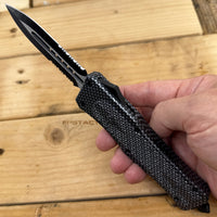 FPSTACTICAL Snaithin Dual Edge Spear Tip OTF Knife Black & Silver Two Tone w Partial Serrated Blade and Carbon Fiber Diamond Texture Aluminum Handle 3.75"