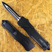 FPSTACTICAL Pitch Dual Edge Spear Tip OTF Knife Black & Silver Two Tone w Partial Serrated Blade and Diamond Texture Aluminum Handle 3.75"