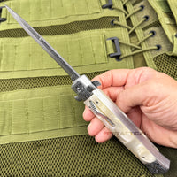 FPSTACTICAL Eclectic Automatic OTF Switchblade Stiletto Knife White Marble w/ Damascus 5"