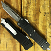 FPSTACTICAL Gild Tanto OTF Knife Black & Silver w Damascus Blade and Rubberized Handle 3.5"