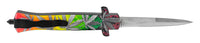 FPSTACTICAL Maui Wowie Automatic OTF Switchblade Stiletto Knife Black w/ Multi Color Marijuana print / Mirror Polish 3.75"