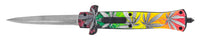 FPSTACTICAL Maui Wowie Automatic OTF Switchblade Stiletto Knife Black w/ Multi Color Marijuana print / Mirror Polish 3.75"