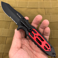 Tac-Force Black and Red Spring Assisted Tactical Rescue Knife with Integrated LED Flashlight 4"