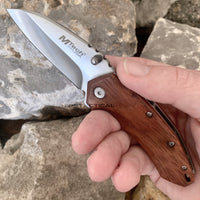 MTech USA Compact Spring Assisted Pocket Knife Silver with Wooden Scales 2.75"