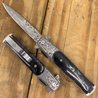 Falcon Damascus Silver and Black Marble (Pearlex) Spring Assisted Stiletto Knife 3.75"