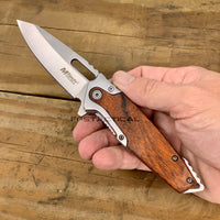 MTech USA Spring Assisted Pocket Knife Silver with Wooden Scales 3.25"