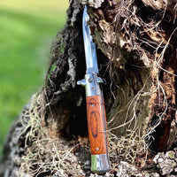 Falcon KS6008CWD Classic Mirror / Chrome and Cherry Wood Spring Assisted Stiletto Knife 4"