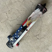 FPSTACTICAL Salute USA Automatic OTF Switchblade Stiletto Knife Black w Bald Eagle / American Flag Scales 3.75"