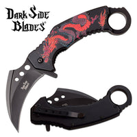 Dark Side Matte Black Embossed Dragon Spring Assisted Karambit Fantasy Knife 3"