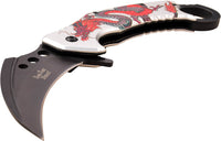 Dark Side Matte Black & Silver Embossed Dragon Spring Assisted Karambit Fantasy Knife 3" DS-A076SRD