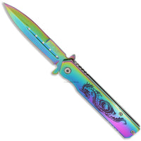 Duck Rainbow Iridescent Dragon Spring Assisted Stiletto Knife 3.75"