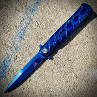 Falcon KS1108BT Mirror Blue Stainless Steel Grooved Handle Spring Assisted Stiletto Knife 4"