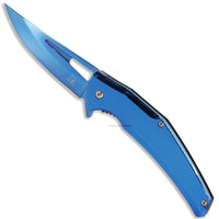 Falcon KS4525BL Trailing Point Blue Chrome Mirror Finish Spring Assisted Fishing & Hunting Knife 4"