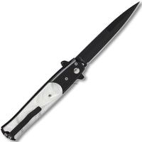 FPSTACTICAL Agate Italian Style Stiletto Switchblade Black with White Pearlex / Marble Inlays 4"