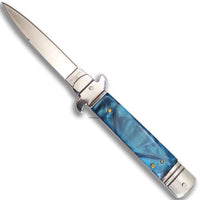 FPSTACTICAL Cerulean Silver Mirror Finish Chrome and Blue Marble Switchblade Knife 3.4"