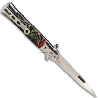 FPSTACTICAL Reaper Italian Style Stiletto Switchblade Mirror Polish / Chrome & Grim Reaper 3D Molded Scales 4"