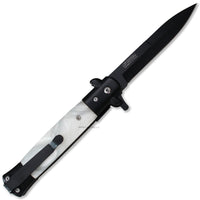 Falcon Matte Black Spring Assisted Stiletto Knife with White Pearlex / Marble Scales 3.75"