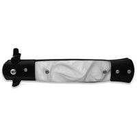 Falcon Matte Black Spring Assisted Stiletto Knife with White Pearlex / Marble Scales 3.75"