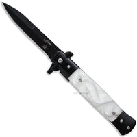 Falcon Matte Black Spring Assisted Stiletto Knife with White Pearlex / Marble Scales 3.75"