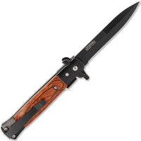 Falcon Black Spring Assisted Classic Style Stiletto Knife w Cherry Wood Scales 3.75"