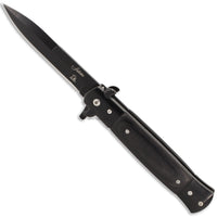 Falcon KS6008BBK All Black Spring Assist Stiletto Knife w Black Ash Wood Scales 3.75"