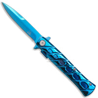 Falcon KS1108BT Mirror Blue Stainless Steel Grooved Handle Spring Assisted Stiletto Knife 4"