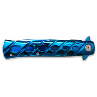 Falcon KS1108BT Mirror Blue Stainless Steel Grooved Handle Spring Assisted Stiletto Knife 4"