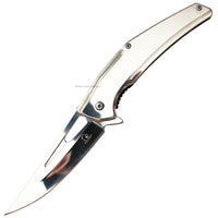 Falcon Trailing Point Silver Mirror Finish Spring Assisted Fishing & Hunting Knife 4"