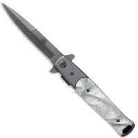 Falcon Silver and White Pearlex Spring Assisted Stiletto Knife 3.75"