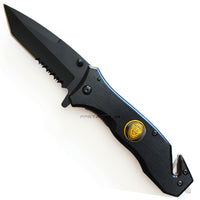 Pacific Solutions Police Logo Spring Assisted Textured Rescue Knife Black Brushed Aluminum 3.75"