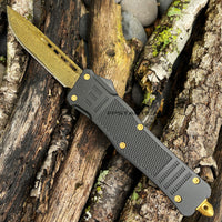 FPSTACTICAL Aureate OTF Knife Black & Gold w Damascus Blade and Rubberized Handle 3.5"