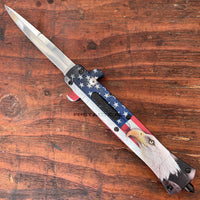 FPSTACTICAL Salute USA Automatic OTF Switchblade Stiletto Knife Black w Bald Eagle / American Flag Scales 3.75"