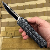 FPSTACTICAL Cinder OTF Knife Black Silver w Carbon Fiber Handle 3.5"