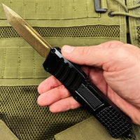FPSTACTICAL Aurelian OTF Knife Black & Gold w Damascus Blade & Molded Handle 3.5"