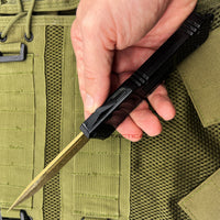 FPSTACTICAL Aurelian OTF Knife Black & Gold w Damascus Blade & Molded Handle 3.5"