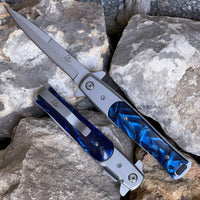 Falcon Silver and Blue Pearlex / Marble Spring Assisted Stiletto Knife 3.75"
