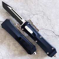 FPSTACTICAL Efficacy II OTF Knife Black & Silver w Serrated Tanto Blade and Rubberized Handle 3.5"