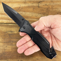 Pacific Solutions Combination Spring Assisted Tactical Rescue Knife Brushed Black  3.75"