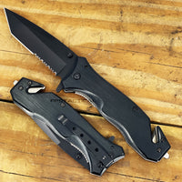 Pacific Solutions Combination Spring Assisted Tactical Rescue Knife Brushed Black  3.75"