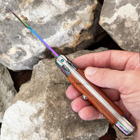 FPSTACTICAL Hue Italian Style Stiletto Switchblade Mirror / Iridescent Rainbow with Pakkawood Scales 4"
