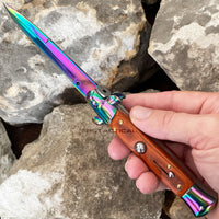 FPSTACTICAL Hue Italian Style Stiletto Switchblade Mirror / Iridescent Rainbow with Pakkawood Scales 4"