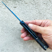Falcon KS1108BB Black and Blue Mirror Finish Grooved Handle Spring Assisted Stiletto Knife 4"