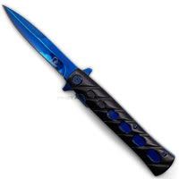 Falcon KS1108BB Black and Blue Mirror Finish Grooved Handle Spring Assisted Stiletto Knife 4"