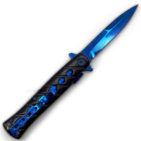 Falcon KS1108BB Black and Blue Mirror Finish Grooved Handle Spring Assisted Stiletto Knife 4"
