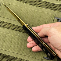 Falcon KS1108BG Matte Black and Mirror Gold Grooved Handle Spring Assisted Stiletto Knife 4"