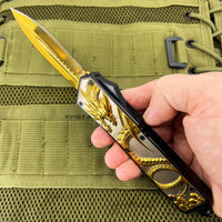 FPSTACTICAL Basilisk Dual Edge OTF Knife Black & Gold & Silver Dual Edge and Dragon Handle 3.5"
