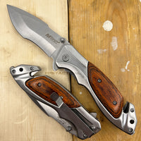MTech USA Spring Assisted Pocket Knife Silver with Wooden Scales 3.25" MT-A1073BR