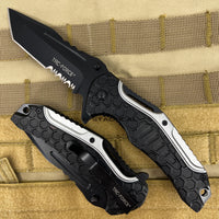 Tac-Force Pewter Gunmetal / Silver & Black Spring Assisted Combination Tanto / Serrated Blade EDC Knife 3.5"
