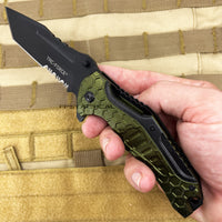 Tac-Force Pewter Olive Drab Green & Black Spring Assisted Combination Tanto / Serrated Blade EDC Knife 3.5"