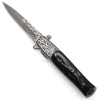 Falcon Damascus Silver and Black Marble (Pearlex) Spring Assisted Stiletto Knife 3.75"
